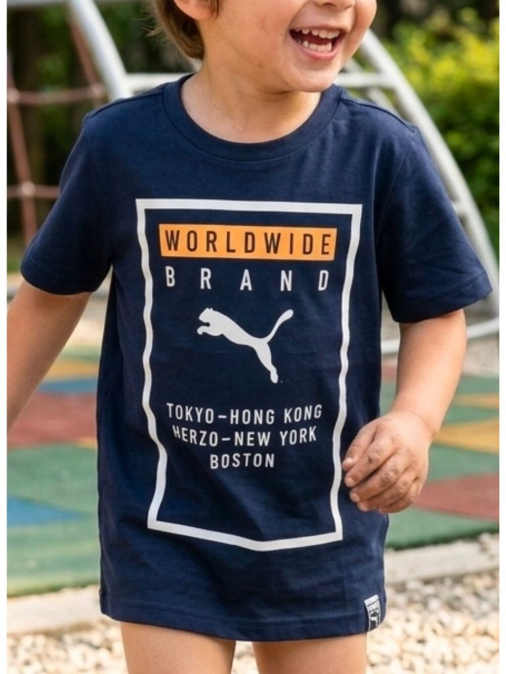 Puma Kids Navy Blue "Worldwide Brand" Graphic T-Shirt Short Sleeve Lightweight C